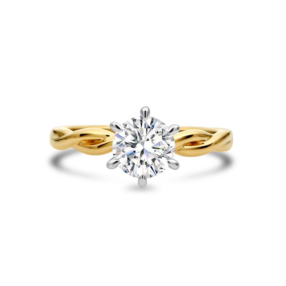 6 Claw Solitaire Lab Grown Diamond Ring on Twisted Band - Yellow Gold