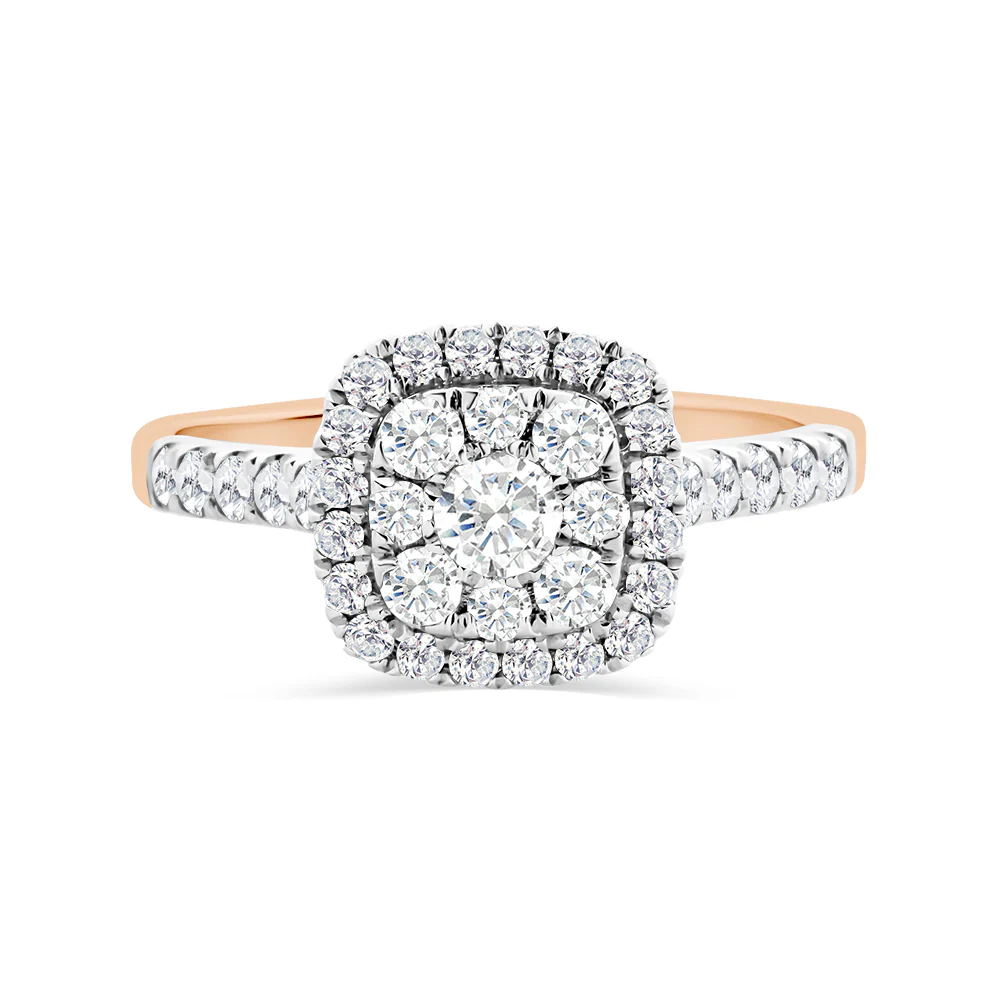 9ct Rose Gold Cusion Shaped Cluster Engagment Ring 0.70ct