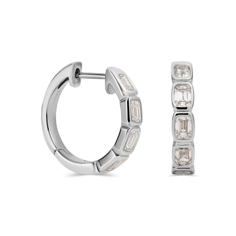 Emerald Cut Lab Grown Diamond Huggie Earrings - White Gold