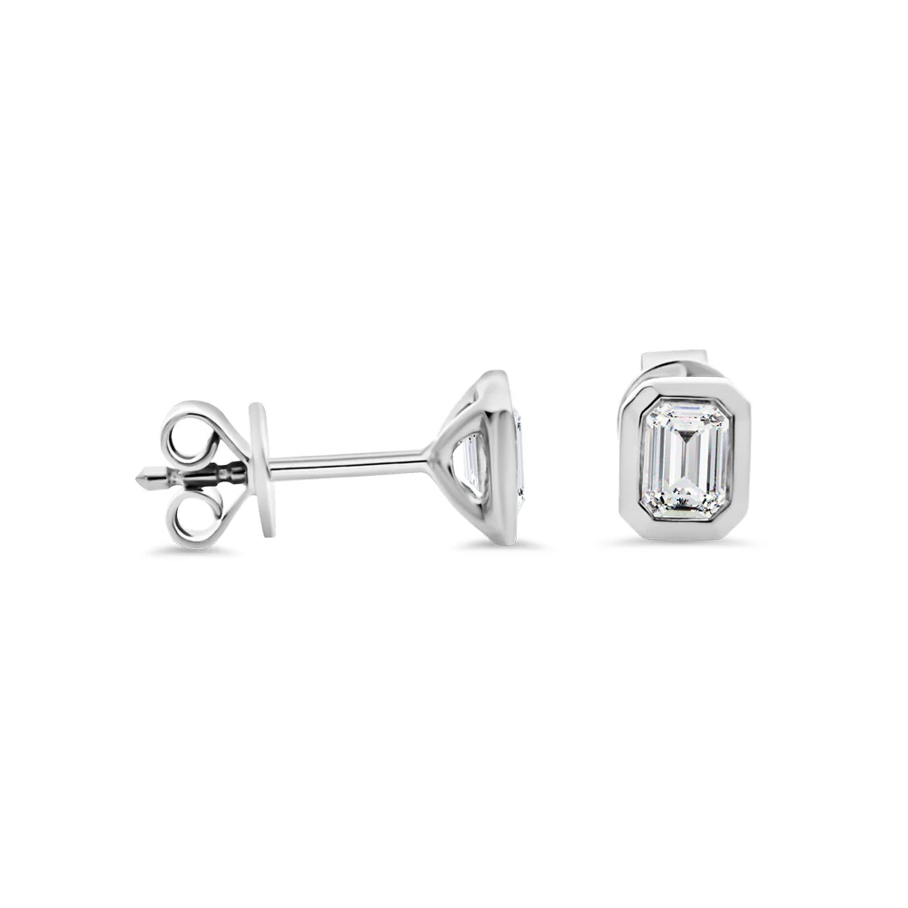 Bezel Set Emerald Cut Lab Grown Stud Earrings