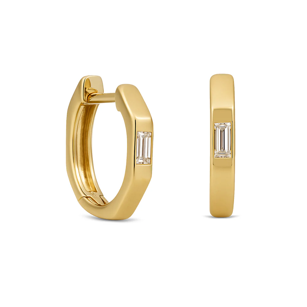 Baguette Hexagon Huggie Earrings - Yellow Gold