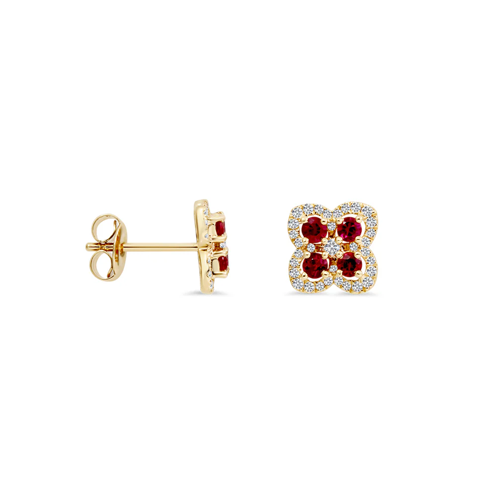Ruby & Diamond Clover Earrings - Yellow Gold