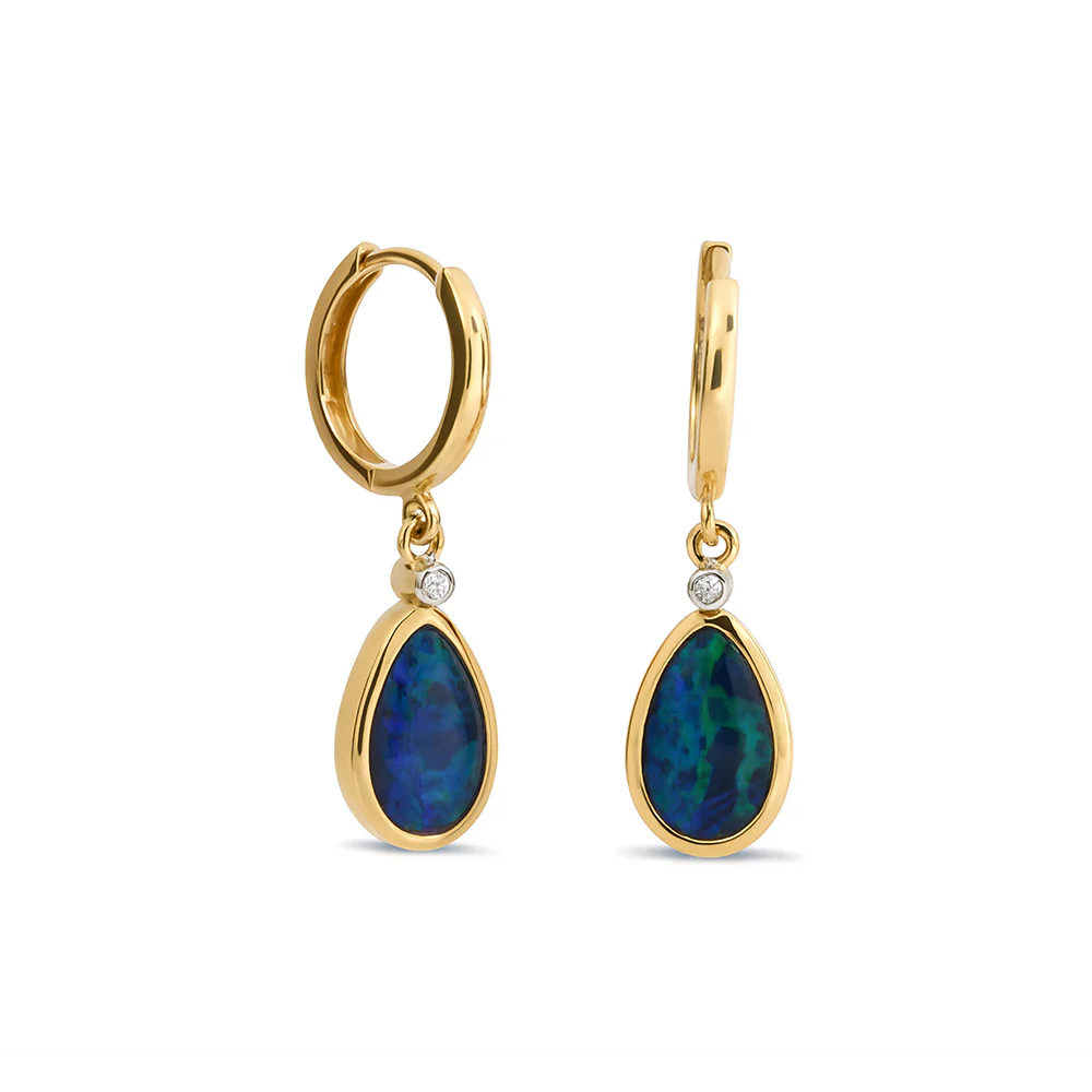 Pear Shaped Triplet Opal & Diamond Drop Earrings - Yellow Gold