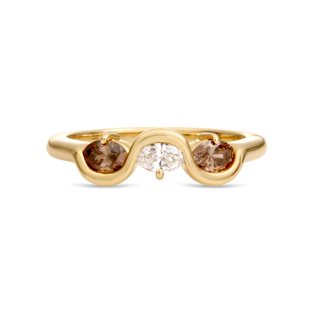 Three Stone Oval Australian Chocolate & White Diamond Dress Ring - Yellow Gold