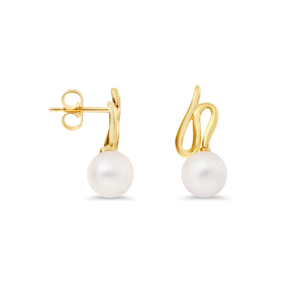 Freshwater Pearl Wave Earrings - Yellow Gold