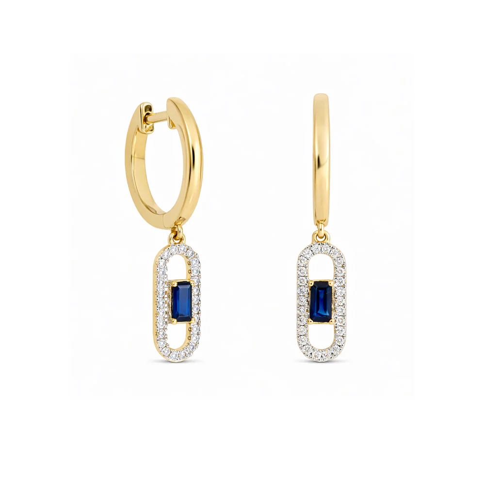 Sapphire & Diamond Drop Huggie Earrings - Yellow Gold