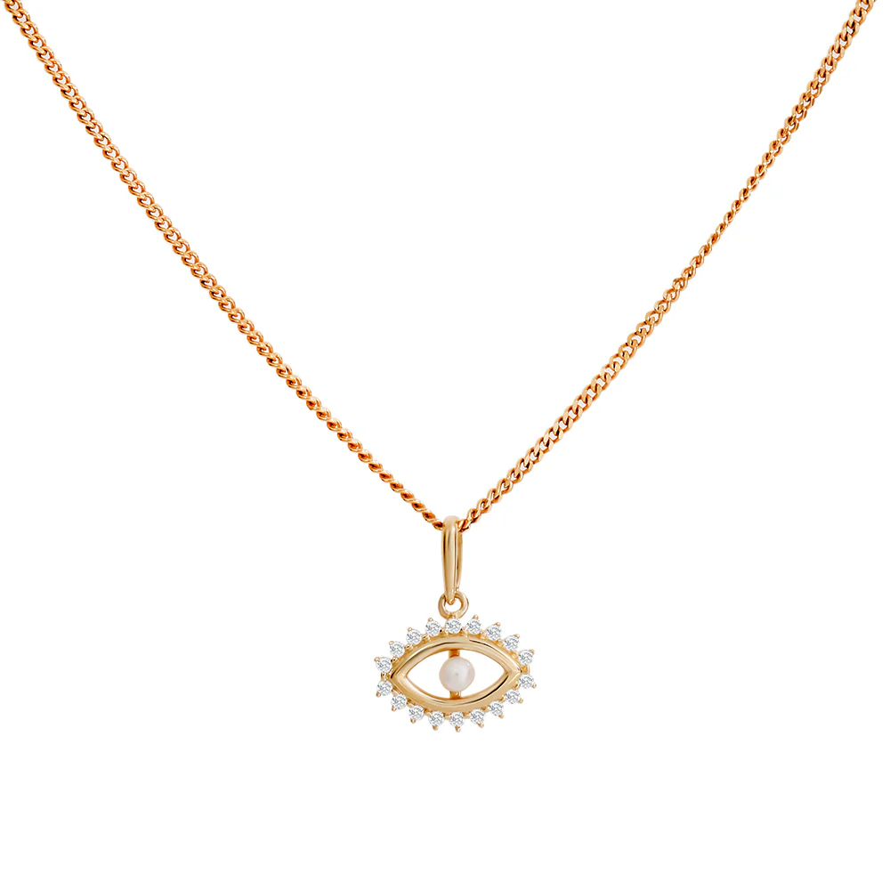 Evil Eye Cubic Zirconia & Pearl Necklace 7.8 x 10.7mm - Yellow Gold