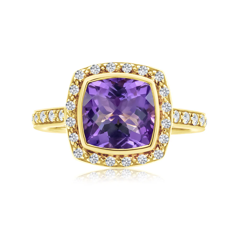 Checkerboard Cushion Cut Amethyst & Diamond Ring