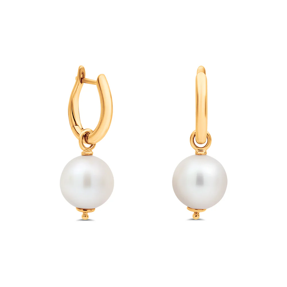 Huggie Earrings With Detachable Fresh Water Pearl - Yellow
