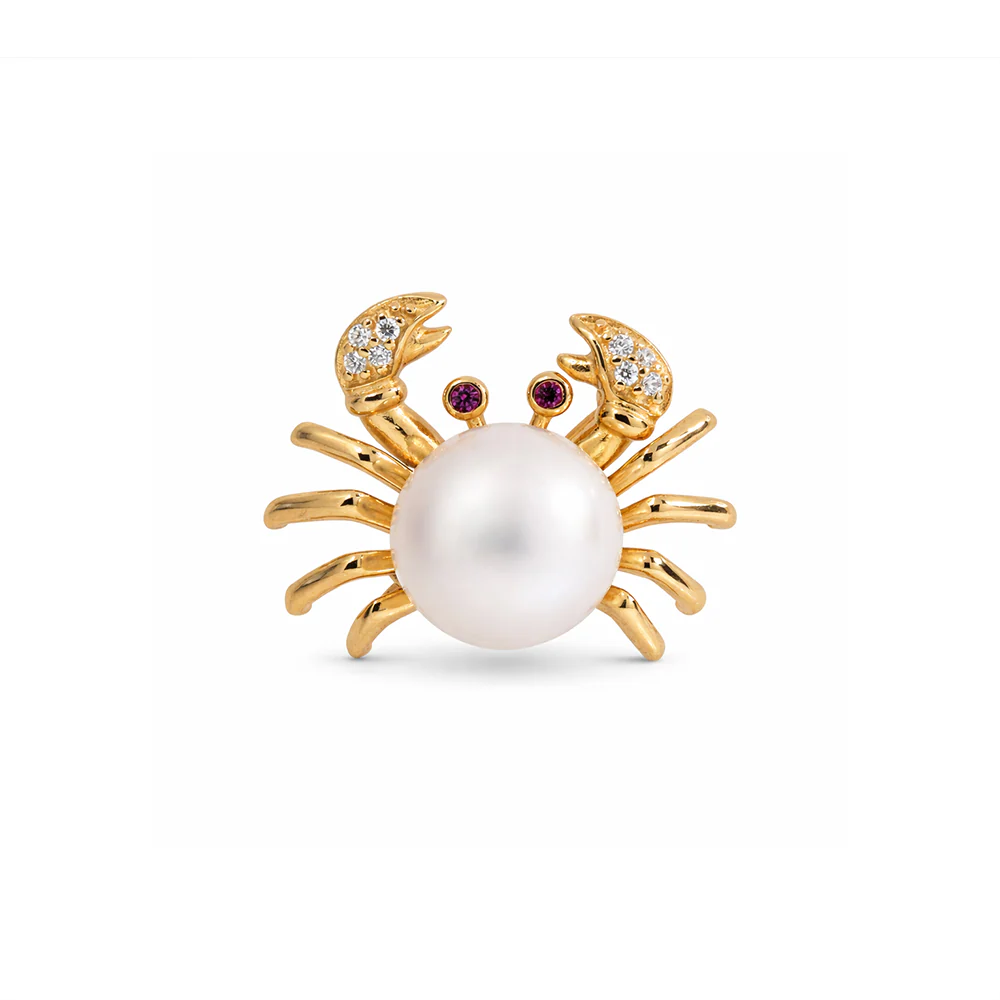 Crab Pearl & Cubic Zirconia Brooch - Gold Plated