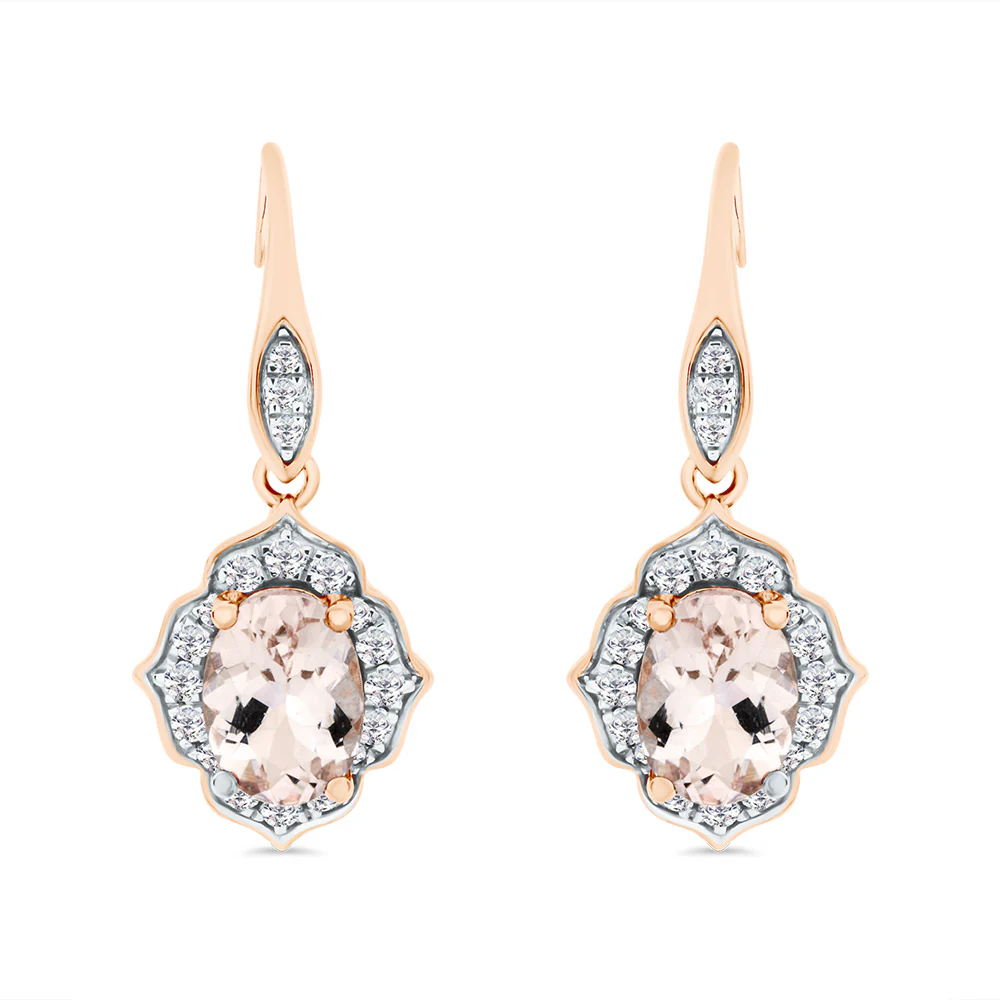 Oval Cut Morganite & Diamond Art Deco Earrings in 9ct Rose Gold
