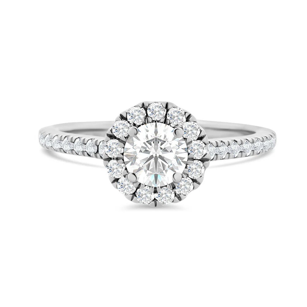 Round Brilliant Cut Halo Lab Grown Diamond Ring with Shoulder Stones 0.86ct TDW